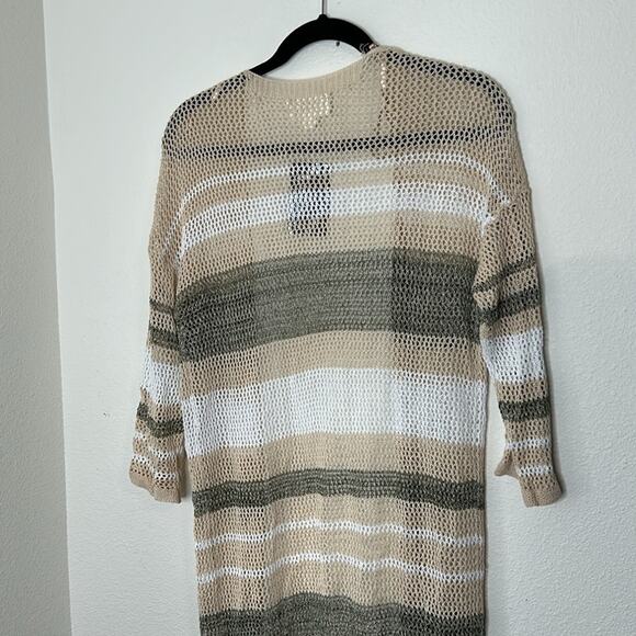 Loveriche Open Stitch Striped Long Tan Open Weave Longline Cardigan Duster Sz S - Picture 7 of 8